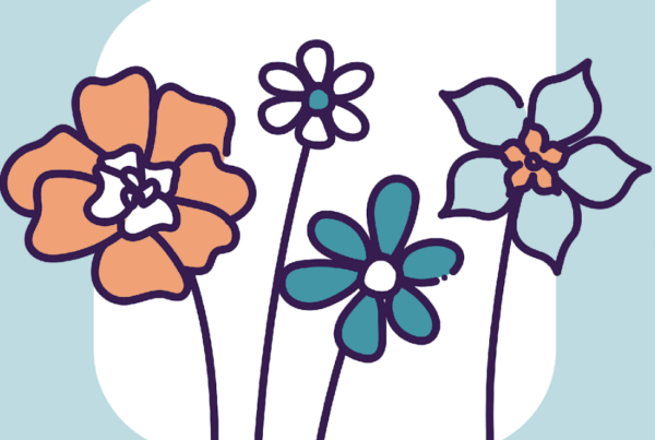 Light blue square with white tear drop interior background. A cluster of hand drawn flowers including orange and blue petals.